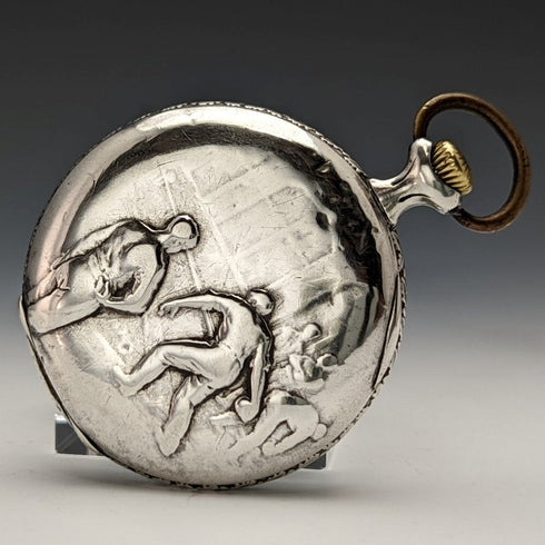 Antique Swiss PRIVILEGE bowling engraving silver side pocket watch in good working order